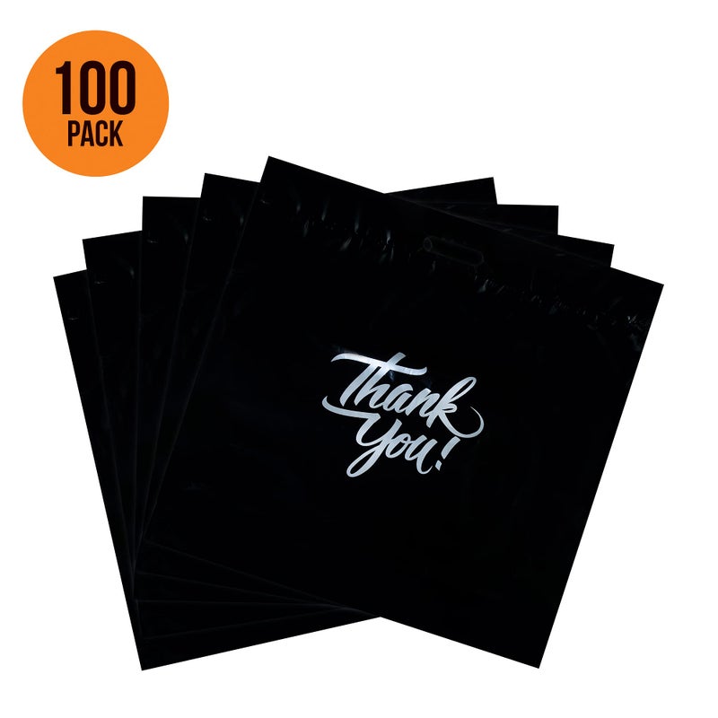 Infinite Pack Black 12"x15"(100pcs) Thank You Merchandise Bags, Die Cut Handles, Retail Shopping Bags for Boutique, Goodie Bags, Gift Bags Bulk, Favors, 1.75 Mil Reusable Plastic Bags - Image 3